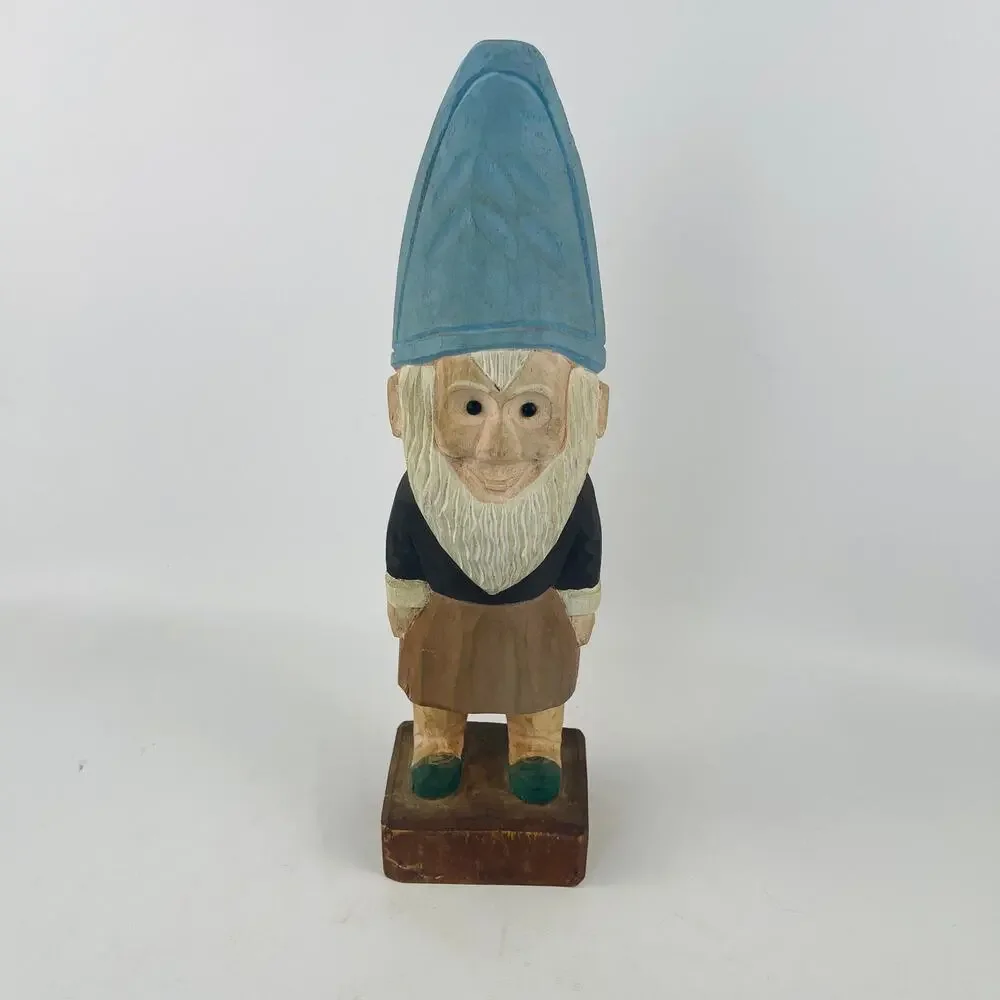 Hand-Carved Wooden Gnome Tall Blue Hat White Beard 12 1/2’